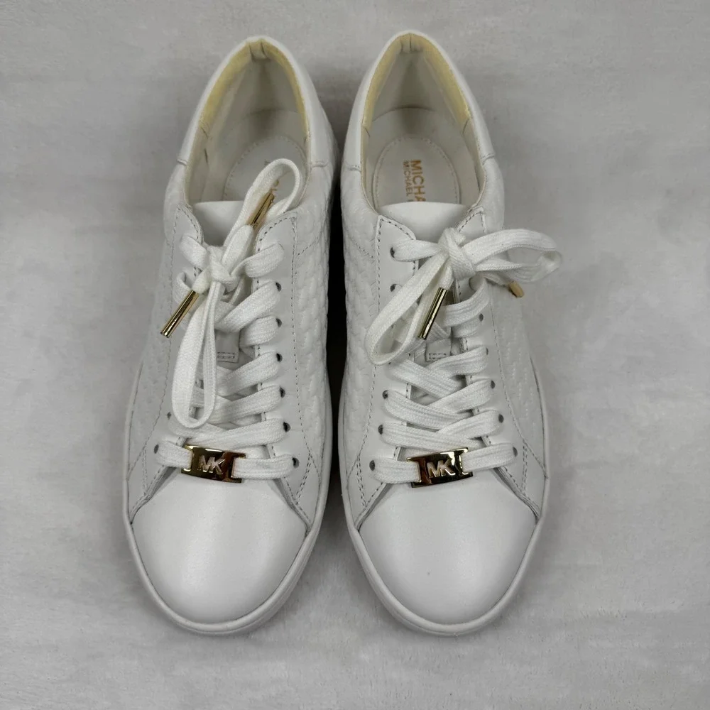 NEW Michael Kors Keaton White Leather Embossed MK Logo Sneakers Gold Hardware 7M